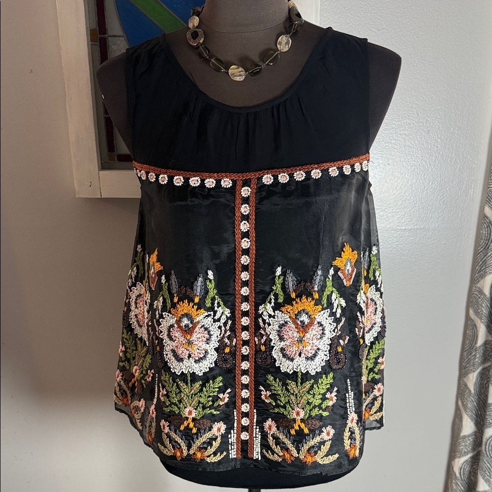 Floreat Anthropologie Nalini Embroidered Beaded Sleeveless Blouse SZ 2